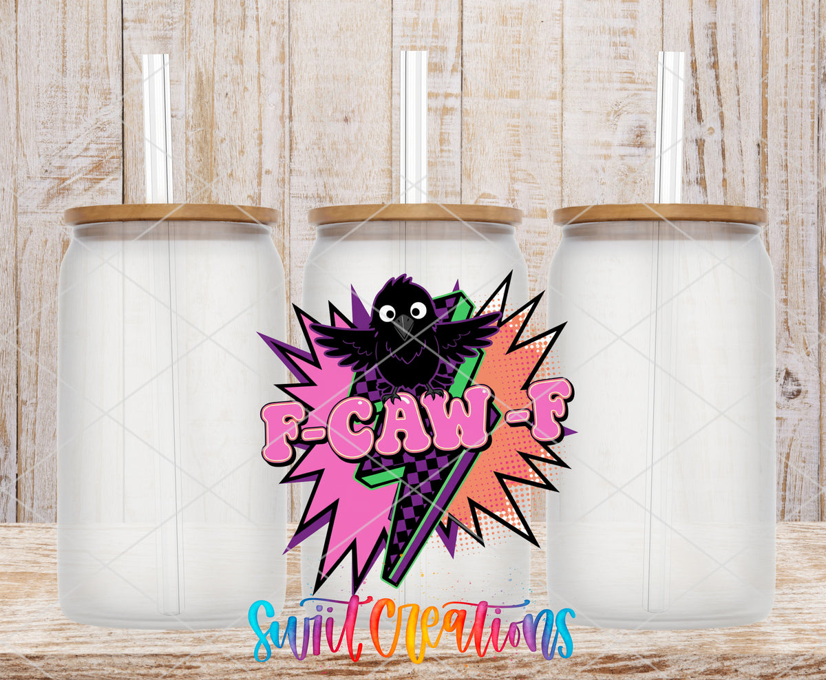 F-Caw-F Colorful Crow frosted glass tumbler mockup with bamboo lids and straws