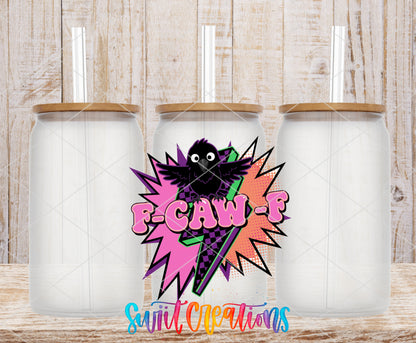 F-Caw-F Colorful Crow frosted glass tumbler mockup with bamboo lids and straws