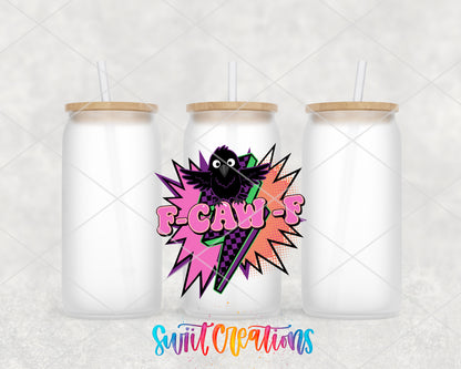 F-Caw-F Colorful Crow frosted glass tumbler group view with lids and straws
