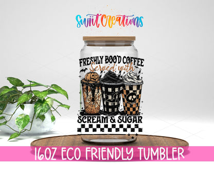 Freshly Boo'd Coffee design on a 16 oz clear glass tumbler with bamboo lid