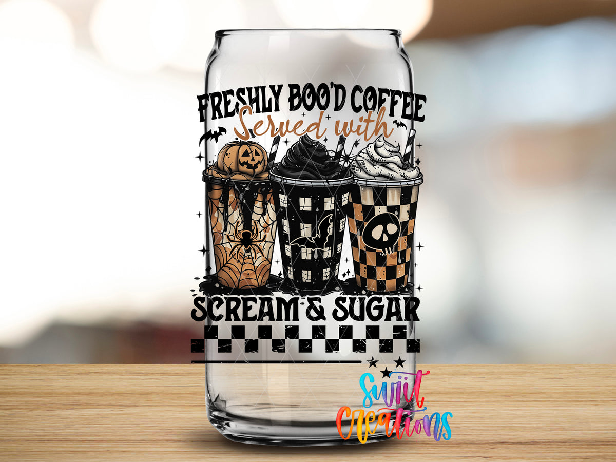 Freshly Boo'd Coffee design close-up on a clear glass can tumbler