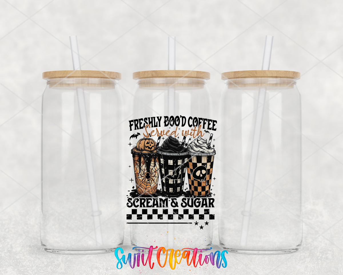 Freshly Boo'd Coffee clear glass tumbler group mockup with bamboo lids and straws