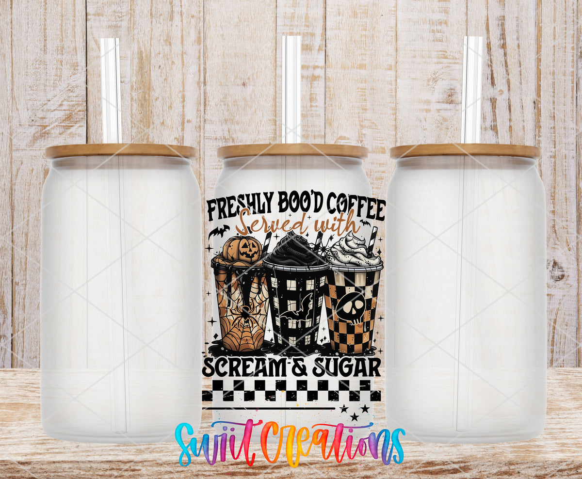Freshly Boo'd Coffee frosted glass tumbler mockup with bamboo lids and straws