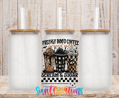 Freshly Boo'd Coffee frosted glass tumbler mockup with bamboo lids and straws