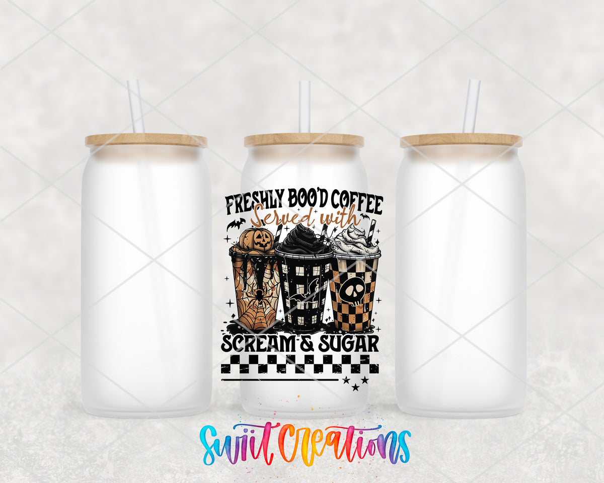 Freshly Boo'd Coffee frosted glass tumbler group view with lids and straws