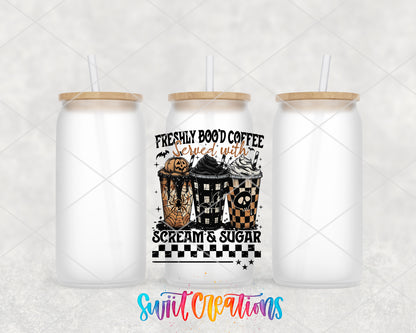 Freshly Boo'd Coffee frosted glass tumbler group view with lids and straws