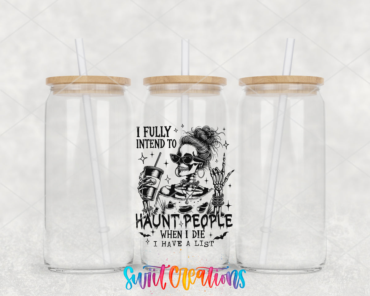 Haunt People clear glass tumbler group mockup with bamboo lids and straws