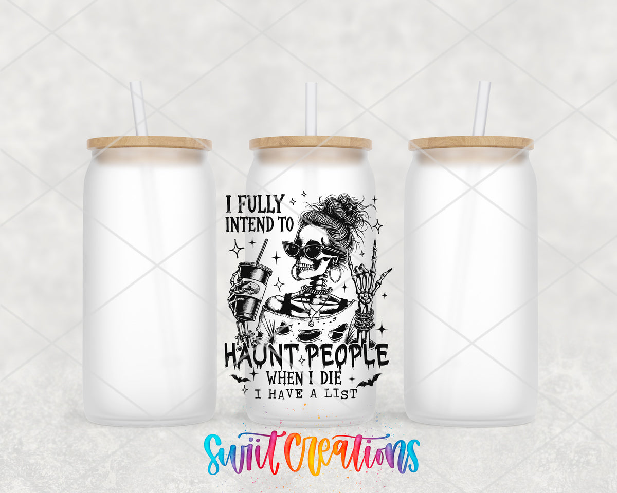 Haunt People frosted glass tumbler group view with lids and straws