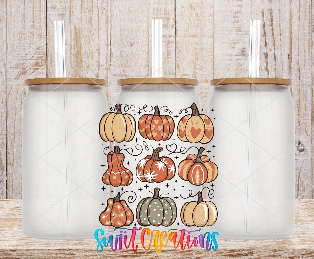 Retro Pumpkin frosted glass tumbler mockup with bamboo lids and straws