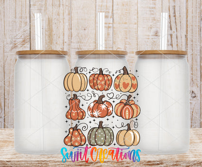 Retro Pumpkin frosted glass tumbler mockup with bamboo lids and straws