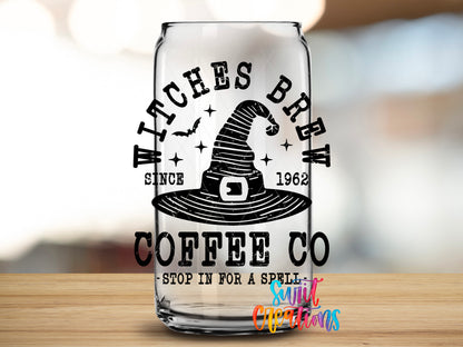 Witches' Brew design close-up on a clear glass can tumbler