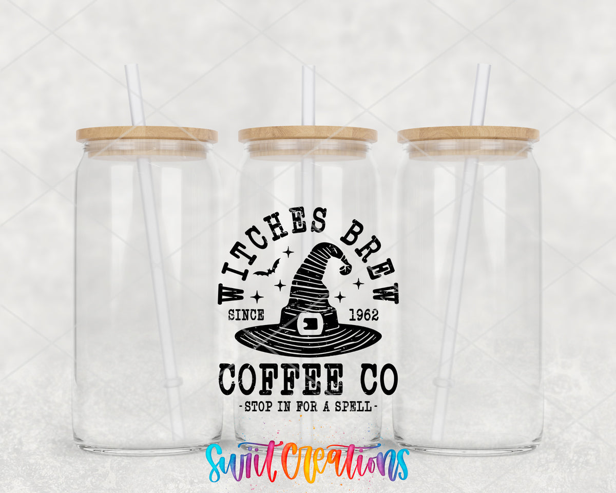 Witches' Brew clear glass tumbler group mockup with bamboo lids and straws