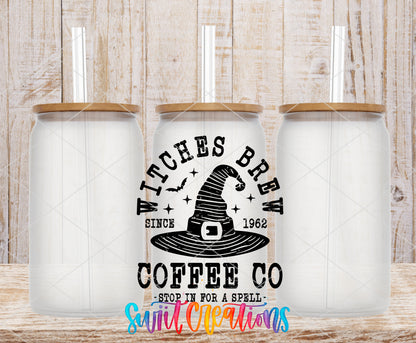 Witches' Brew frosted glass tumbler mockup with bamboo lids and straws