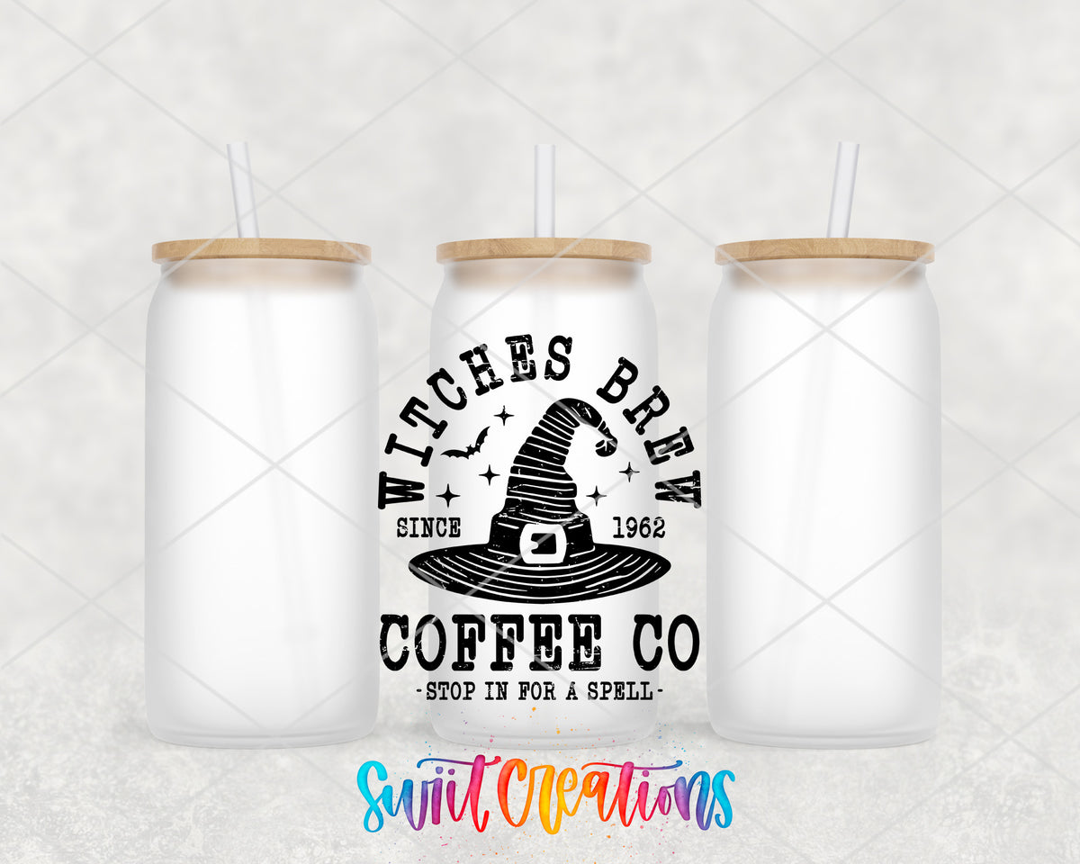 Witches' Brew frosted glass tumbler group view with lids and straws