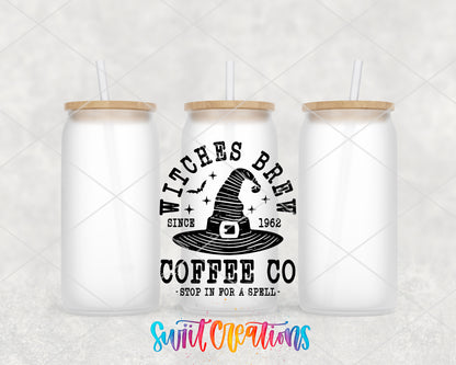 Witches' Brew frosted glass tumbler group view with lids and straws