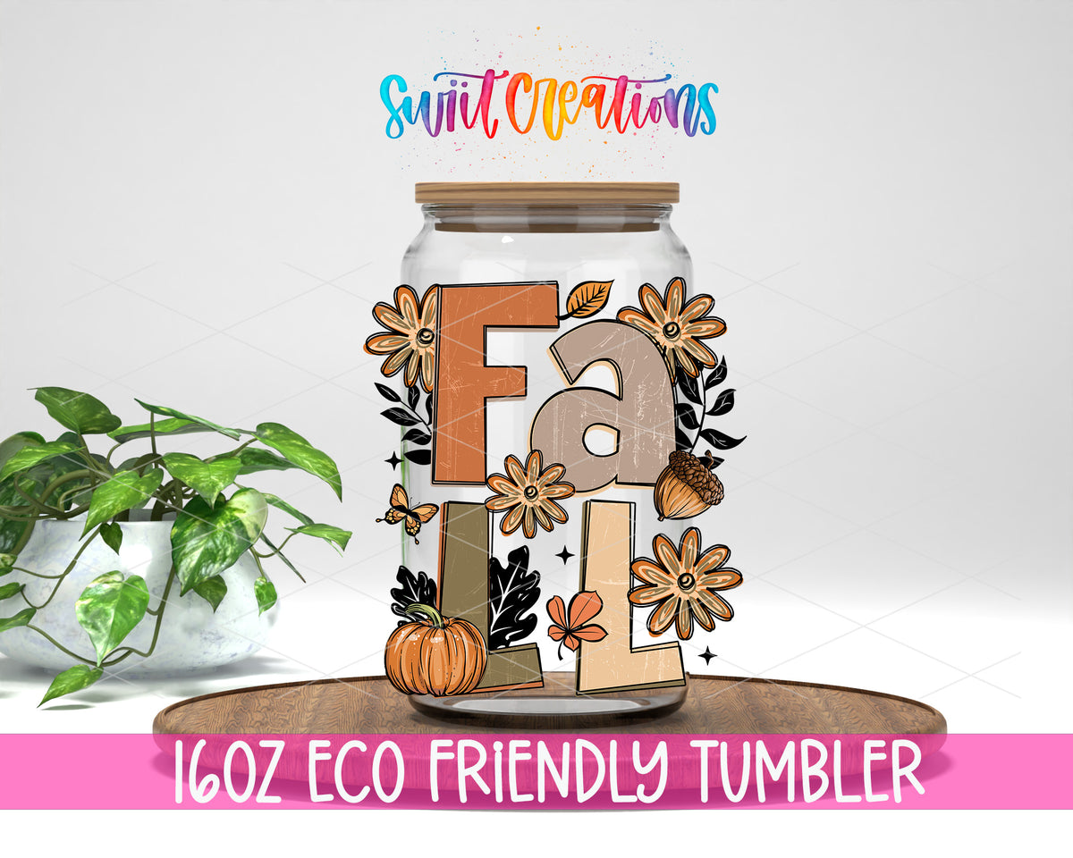 Boho Fall design on a 16 oz clear glass tumbler with bamboo lid