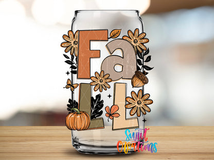 Boho Fall design close-up on a clear glass can tumbler