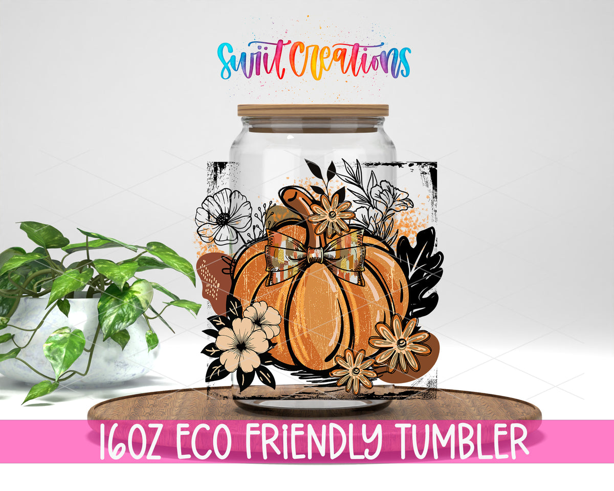 Retro Boho Pumpkin design on a 16 oz clear glass tumbler with bamboo lid