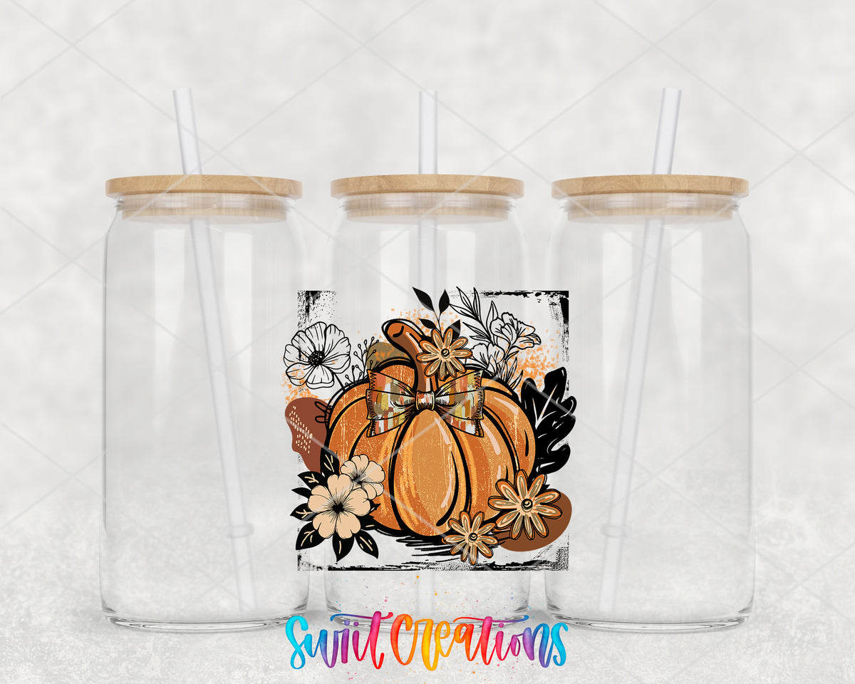 Retro Boho Pumpkin clear glass tumbler group mockup with bamboo lids and straws