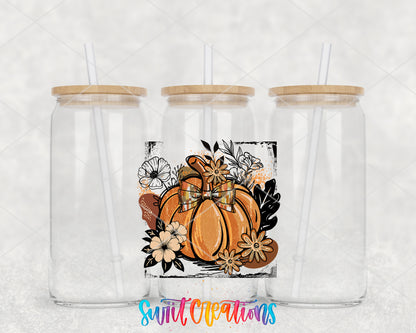 Retro Boho Pumpkin clear glass tumbler group mockup with bamboo lids and straws
