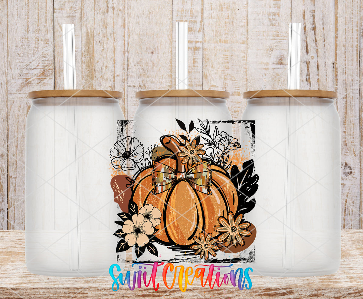 Retro Boho Pumpkin frosted glass tumbler mockup with bamboo lids and straws