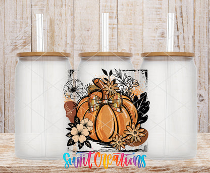 Retro Boho Pumpkin frosted glass tumbler mockup with bamboo lids and straws