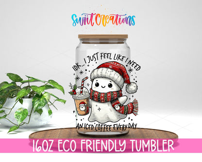 Christmas Ghosts design on a 16 oz clear glass tumbler with bamboo lid