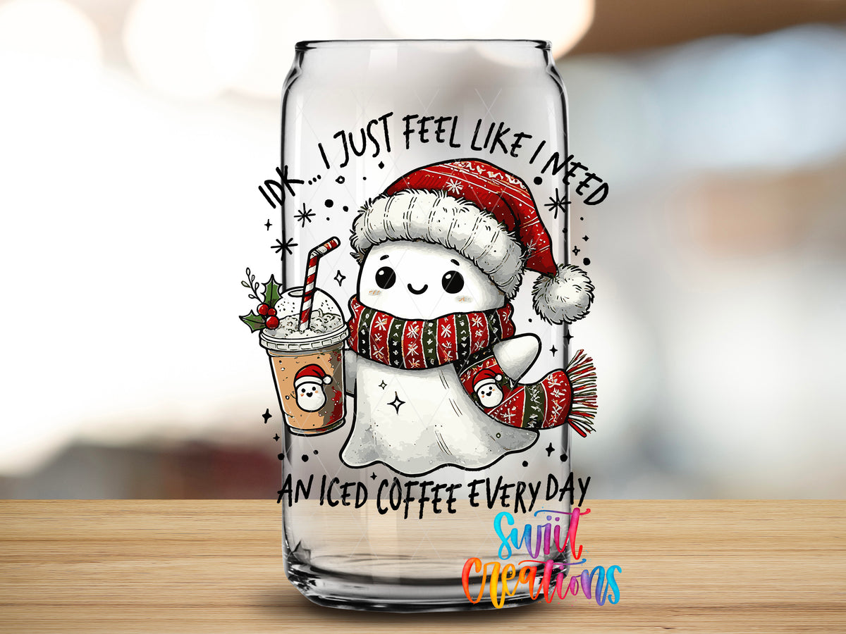 Christmas Ghosts design close-up on a clear glass can tumbler