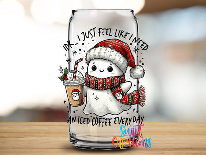 Christmas Ghosts design close-up on a clear glass can tumbler