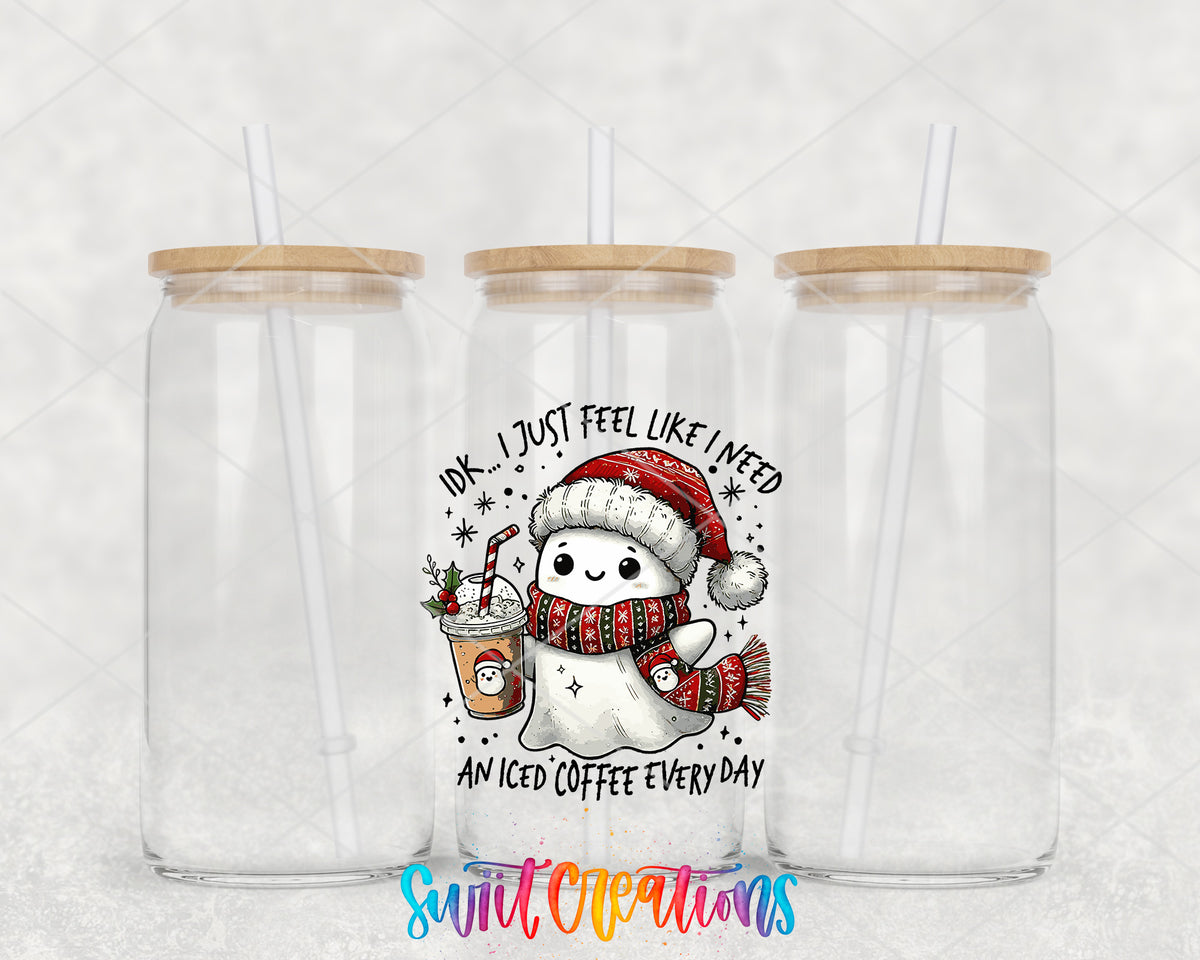 Christmas Ghosts clear glass tumbler group mockup with bamboo lids and straws