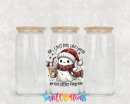 Christmas Ghosts clear glass tumbler group mockup with bamboo lids and straws
