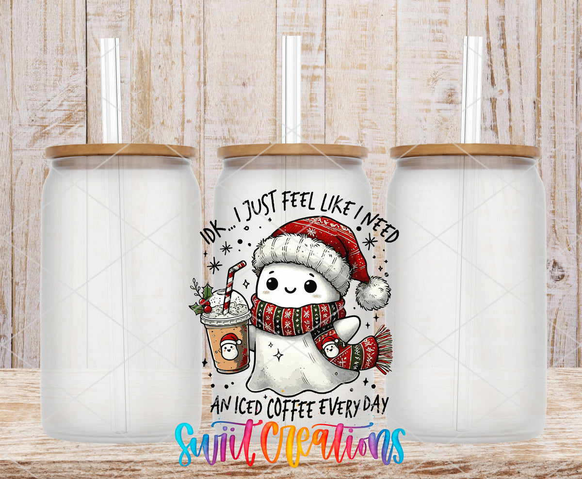 Christmas Ghosts frosted glass tumbler mockup with bamboo lids and straws