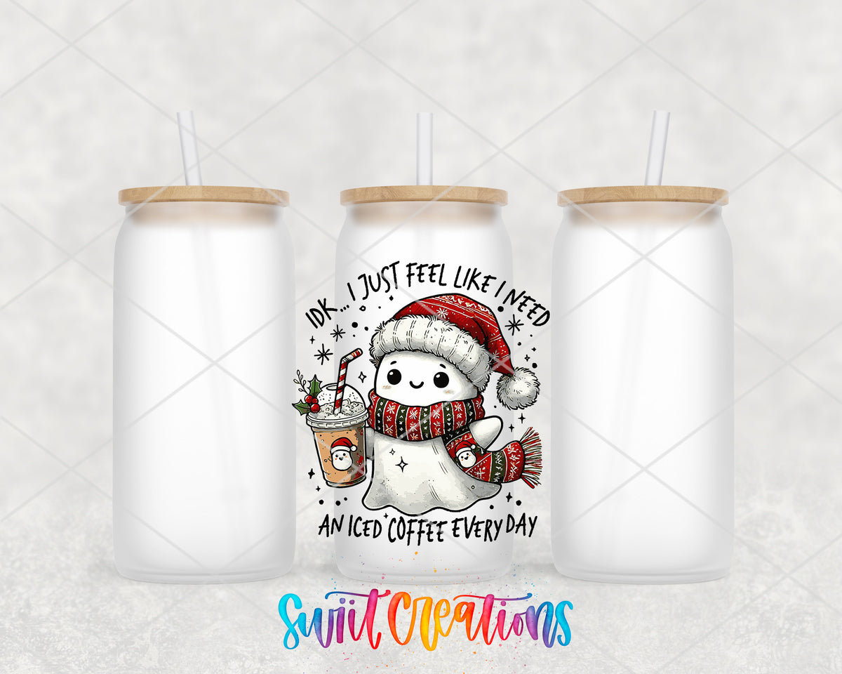 Christmas Ghosts frosted glass tumbler group view with lids and straws