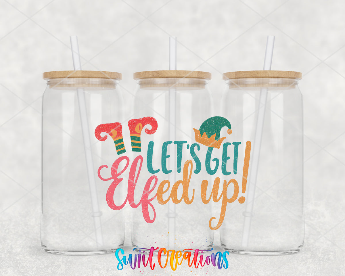 Let's Get Elfed Up clear glass tumbler group mockup with bamboo lids and straws