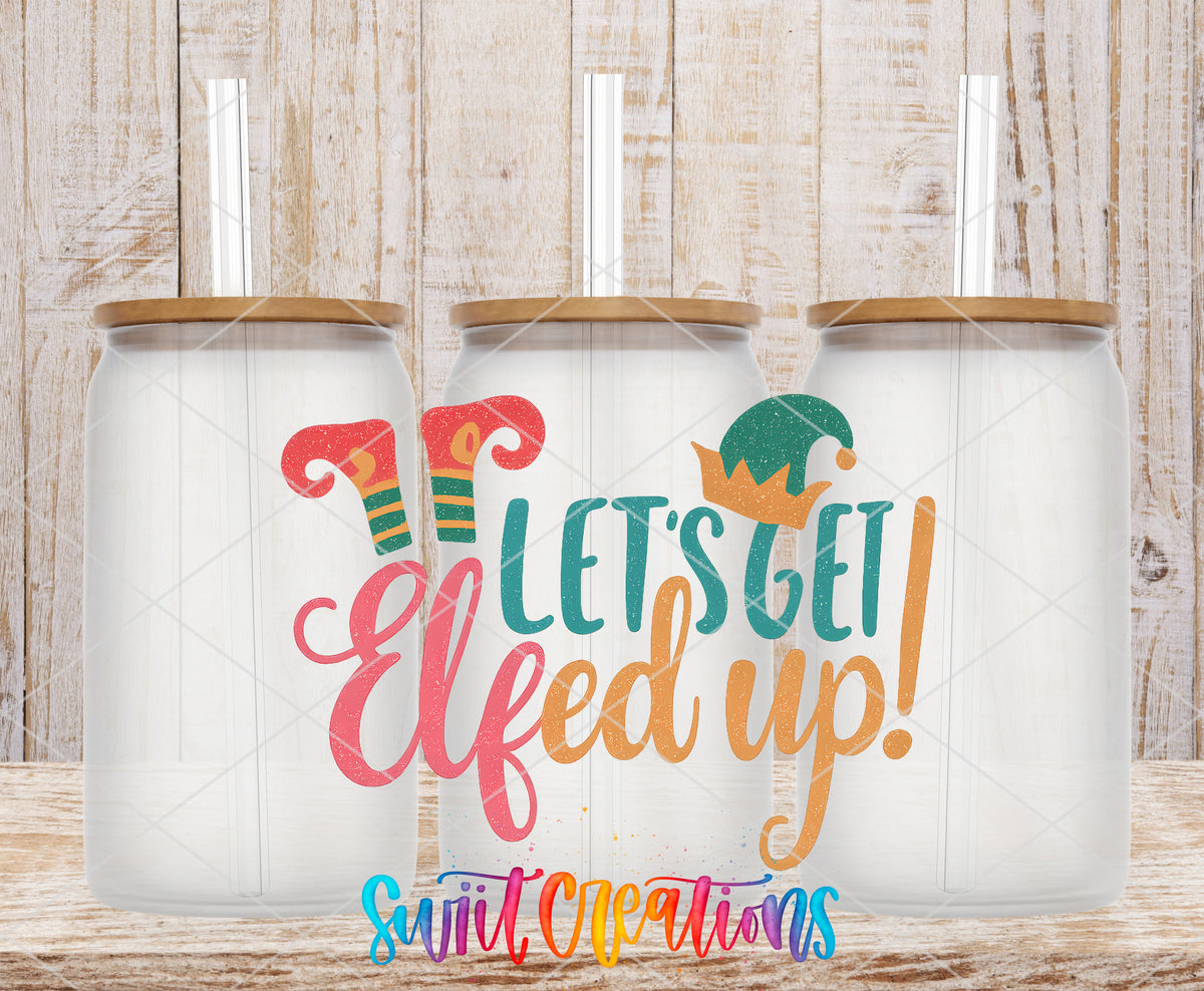 Let's Get Elfed Up frosted glass tumbler mockup with bamboo lids and straws