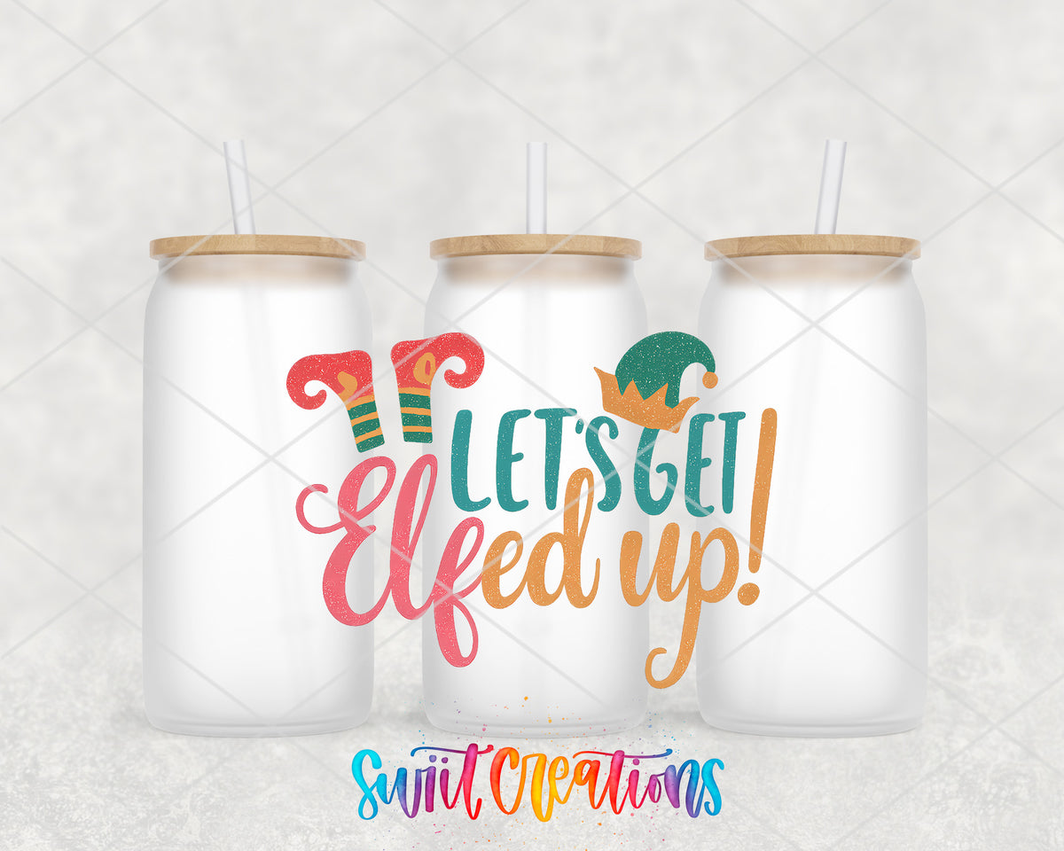 Let's Get Elfed Up frosted glass tumbler group view with lids and straws