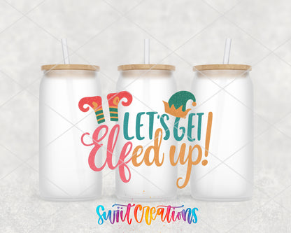 Let's Get Elfed Up frosted glass tumbler group view with lids and straws
