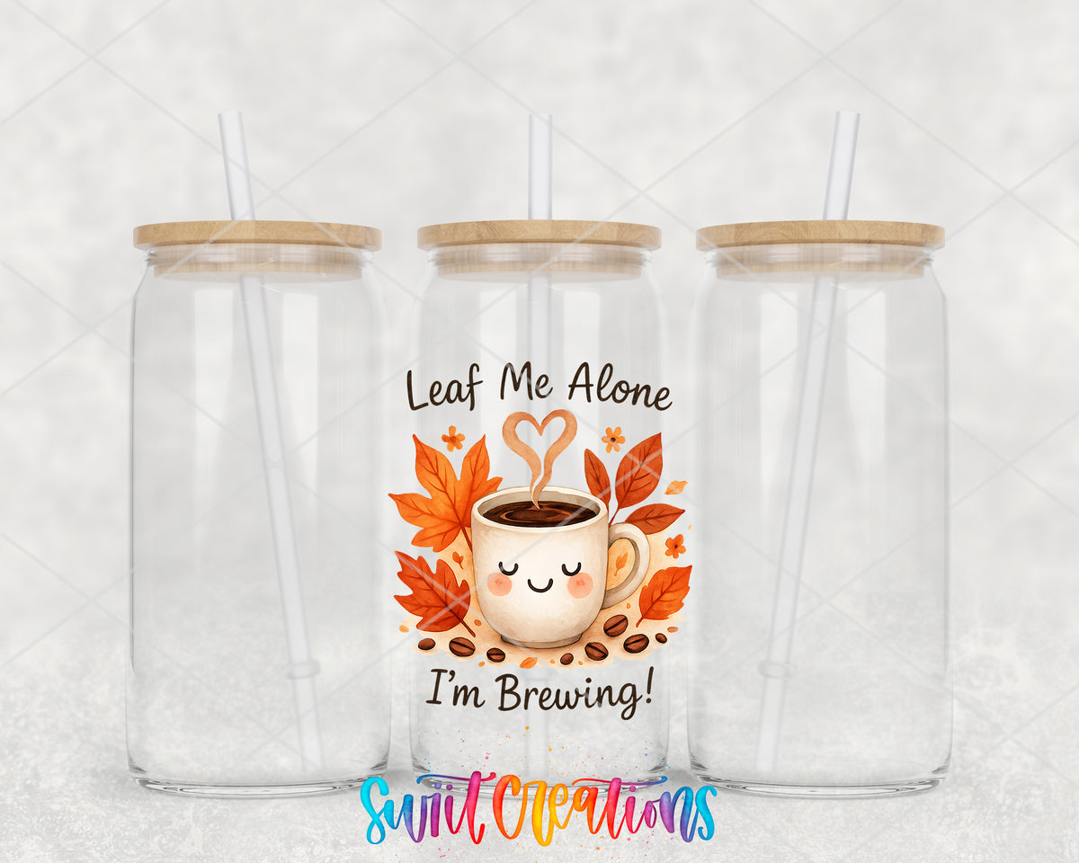 Leaf Me Alone clear glass tumbler group mockup with bamboo lids and straws