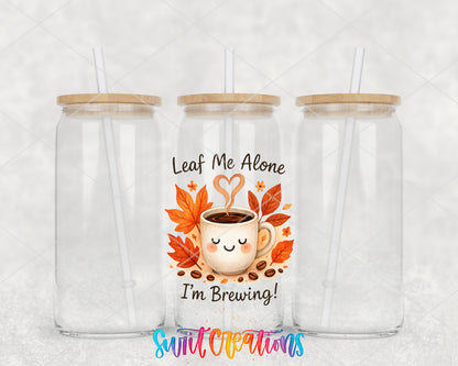 Leaf Me Alone clear glass tumbler group mockup with bamboo lids and straws