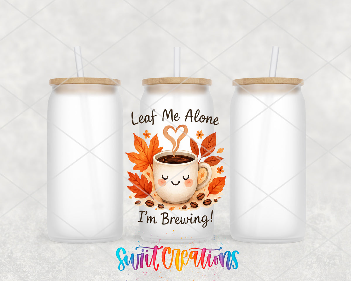 Leaf Me Alone frosted glass tumbler group view with lids and straws