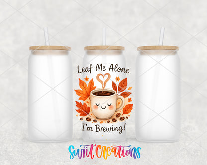 Leaf Me Alone frosted glass tumbler group view with lids and straws
