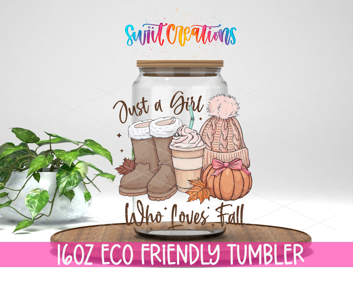 Just a Girl Who Loves Fall design on a 16 oz clear glass tumbler with bamboo lid