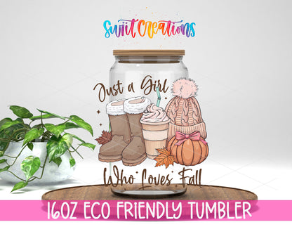 Just a Girl Who Loves Fall design on a 16 oz clear glass tumbler with bamboo lid
