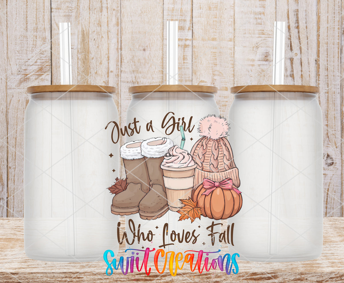 Just a Girl Who Loves Fall frosted glass tumbler mockup with bamboo lids and straws