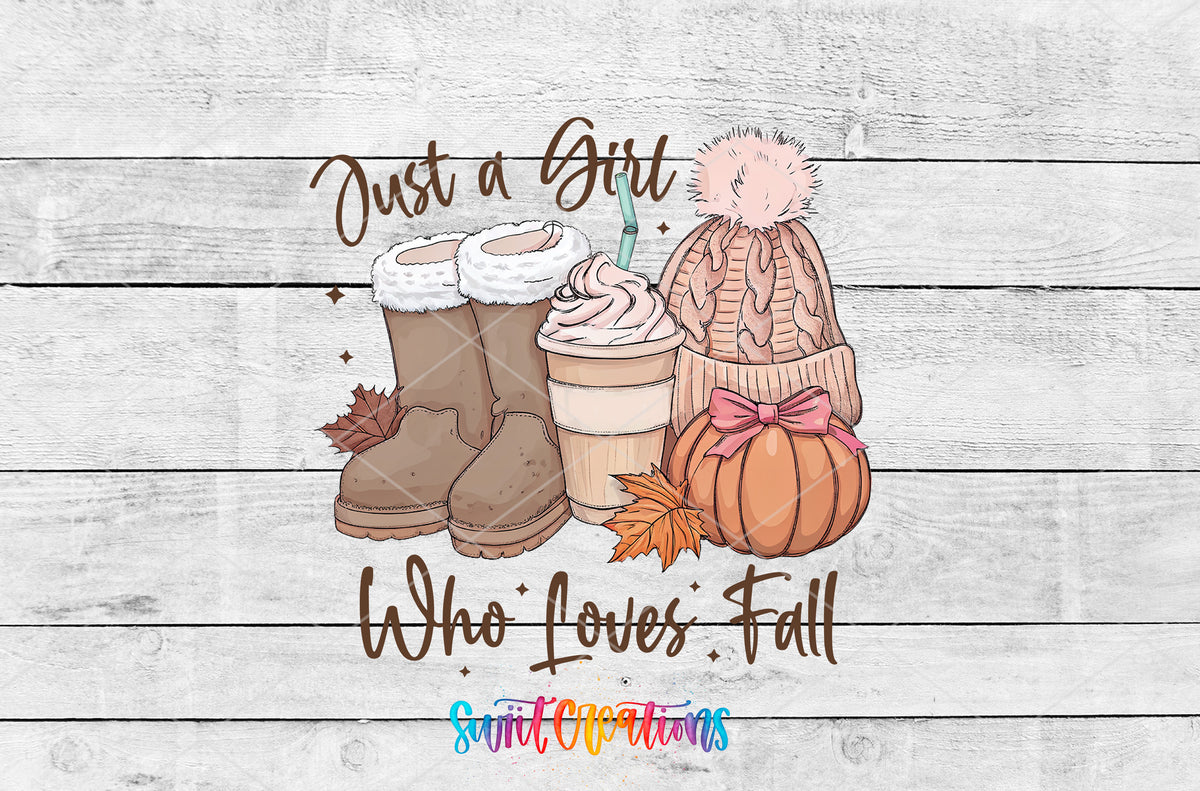 Just a Girl Who Loves Fall artwork detail for the finished 16 oz tumbler