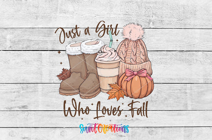 Just a Girl Who Loves Fall artwork detail for the finished 16 oz tumbler