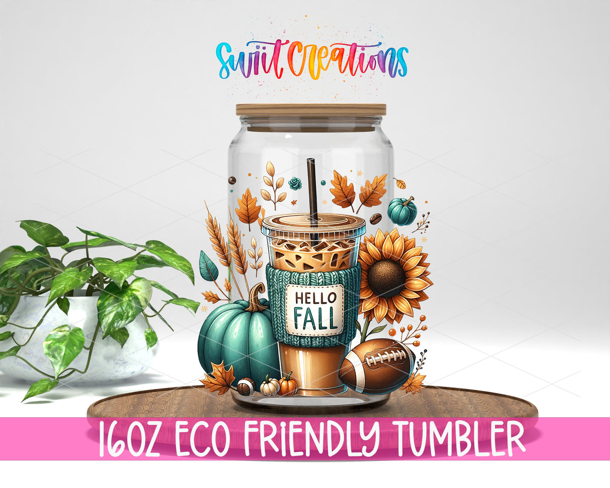 Hello Fall design on a 16 oz clear glass tumbler with bamboo lid