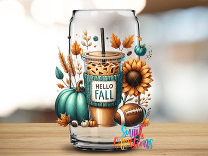 Hello Fall design close-up on a clear glass can tumbler