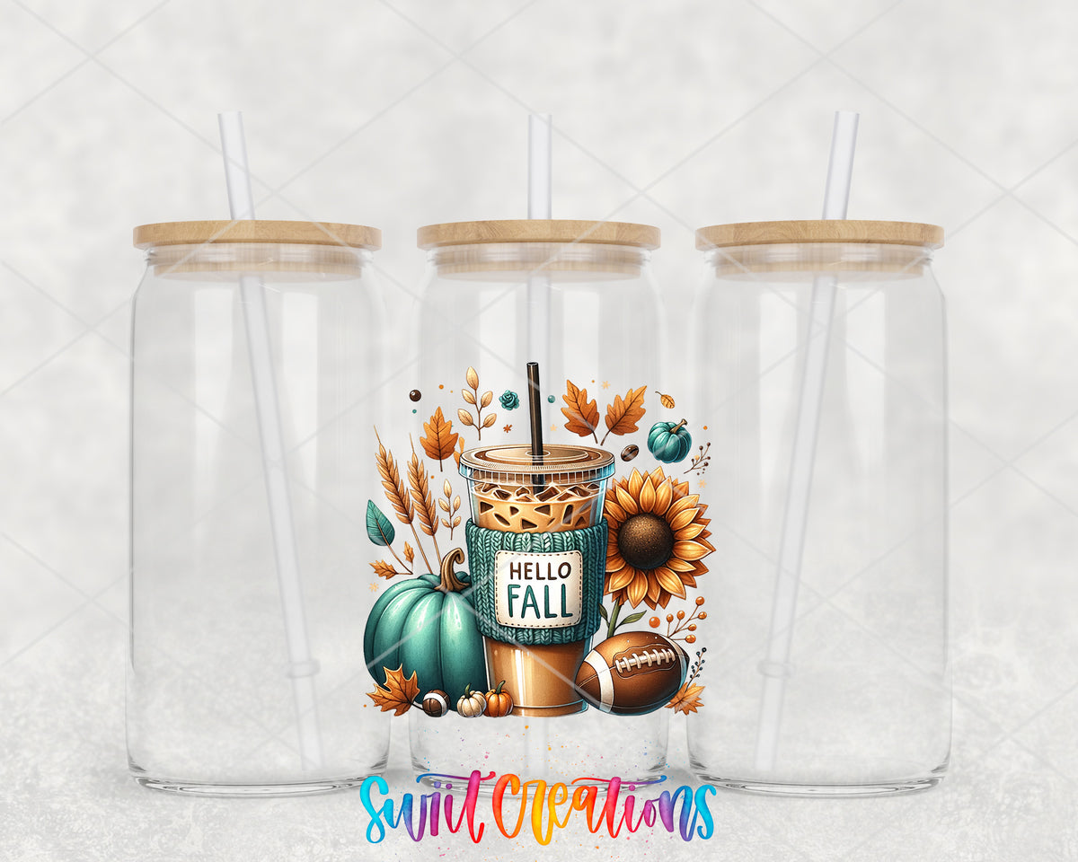 Hello Fall clear glass tumbler group mockup with bamboo lids and straws