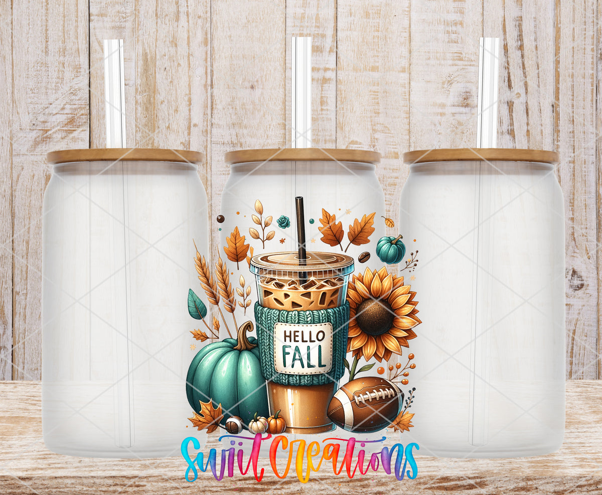 Hello Fall frosted glass tumbler mockup with bamboo lids and straws